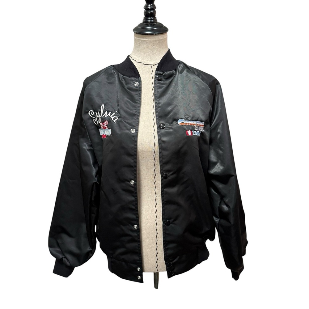 TNN Whitehorse Cafe "Sylvia" Embroidered Black Satin Snap Front Bomber Jkt Sz M